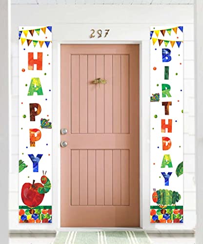 Cartoon Very Hungry Little Green Caterpillar Happy Birthday Banner Background Insects Theme Decor Door Porch Decorations for Girls Boys Baby Shower 1st Birthday Party Supplies Favors Backdrop Gift