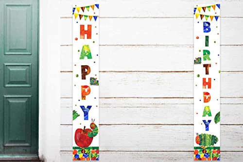 Cartoon Very Hungry Little Green Caterpillar Happy Birthday Banner Background Insects Theme Decor Door Porch Decorations for Girls Boys Baby Shower 1st Birthday Party Supplies Favors Backdrop Gift