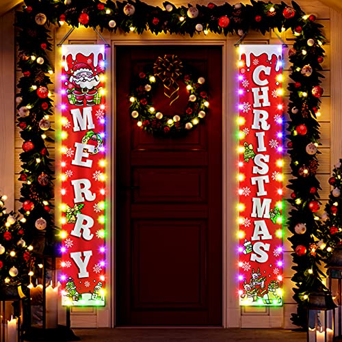 Christmas Decorations Reversible Christmas Banner with String Lights,Merry Christmas Banner Porch Sign,Christmas Banners for Outside Xmas Outdoor Decor Front Door Yard Garage（Battery Not Included）