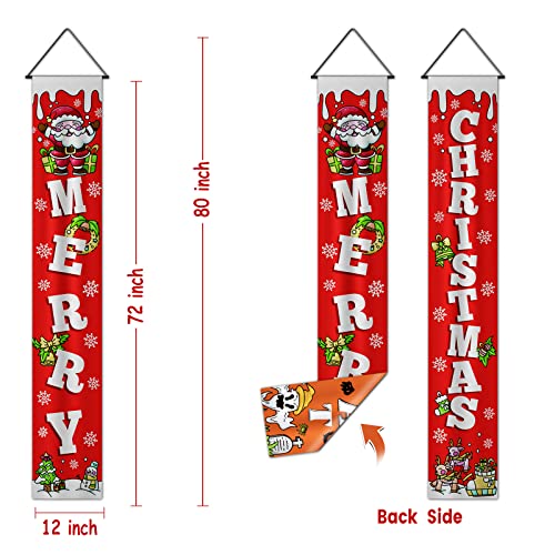 Christmas Decorations Reversible Christmas Banner with String Lights,Merry Christmas Banner Porch Sign,Christmas Banners for Outside Xmas Outdoor Decor Front Door Yard Garage（Battery Not Included）