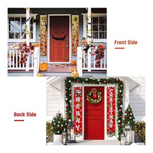 Christmas Decorations Reversible Christmas Banner with String Lights,Merry Christmas Banner Porch Sign,Christmas Banners for Outside Xmas Outdoor Decor Front Door Yard Garage（Battery Not Included）