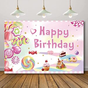 rarcoirs candy birthday party backdrop for kids girls sweet birthday desserts background candyland cupcake lollipop donut bday cake table banner favors 71x47inch, one size