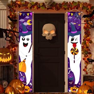mokeja party halloween decorations ghost witch porch sign banner indoor outdoor hanging banner backdrop purple and white for boo themed halloween holiday home office wall decor photo prop -2pcs