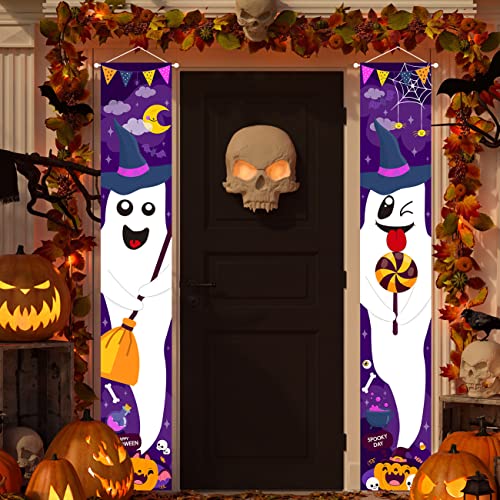 mokeja party Halloween Decorations Ghost Witch Porch Sign Banner Indoor Outdoor Hanging Banner Backdrop Purple and White for Boo Themed Halloween Holiday Home Office Wall Decor Photo Prop -2pcs