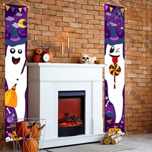 mokeja party Halloween Decorations Ghost Witch Porch Sign Banner Indoor Outdoor Hanging Banner Backdrop Purple and White for Boo Themed Halloween Holiday Home Office Wall Decor Photo Prop -2pcs