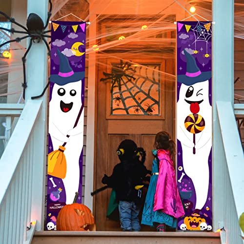 mokeja party Halloween Decorations Ghost Witch Porch Sign Banner Indoor Outdoor Hanging Banner Backdrop Purple and White for Boo Themed Halloween Holiday Home Office Wall Decor Photo Prop -2pcs