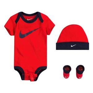 nike baby hat, bodysuit and booties 3-piece gift box set, red swoosh, 0/6m