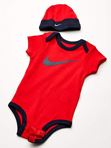 Nike Baby Hat, Bodysuit and Booties 3-Piece Gift Box Set, Red Swoosh, 0/6M