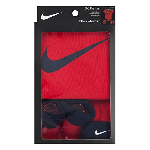 Nike Baby Hat, Bodysuit and Booties 3-Piece Gift Box Set, Red Swoosh, 0/6M