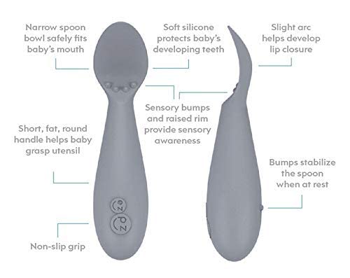 ezpz Tiny Collection Set (Gray) - 100% Silicone Cup, Spoon & Bowl with Built-in Placemat for First Foods + Baby Led Weaning + Purees - Designed by a Pediatric Feeding Specialist - 4 Months+