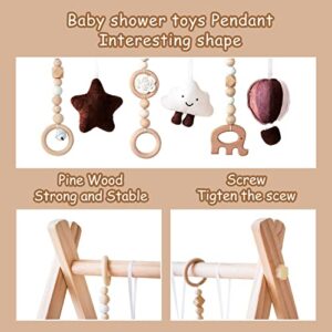 Wooden Baby Play Gym with Mat, Foldable Baby Play Gym Frame Activity Gym Hanging Bar with 5 Gym Baby Toys Rainbow Playmats Gift for Newborn Baby (Natural)