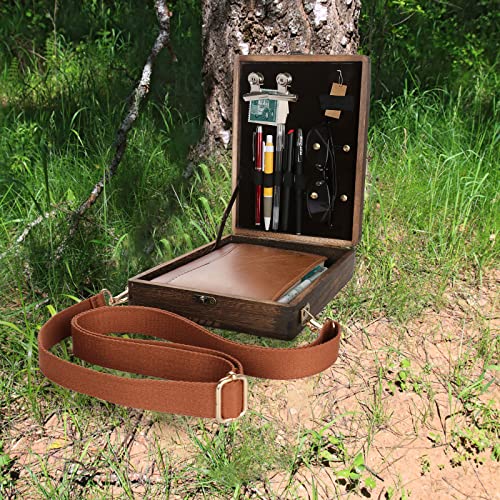 Garhelper Writers Messenger Wood Box,Multi-Function Artist Tool & Brush Storage Box,Retro Walnut Wooden Craft Portable Crossbody Postman Bag with Locking Clasp for creatives architects,Sketcher,Writer