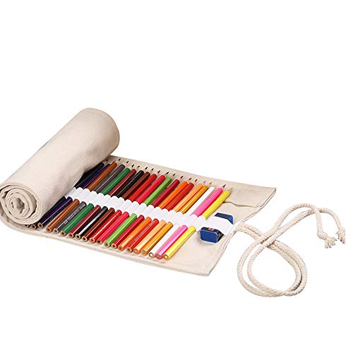 Creative Canvas Roll Up Pencil Case Large Capacity Pen Pencil Pouch Holder Color Pencils Wrap Stationery Case Pencil Organizer for Student Artist Traveler Gifts 36/48/72 Slots (72-Slots, White)