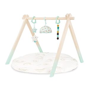b. toys – wooden baby play gym – activity mat – starry sky – 3 hanging sensory toys – organic cotton – natural wood – babies, infants