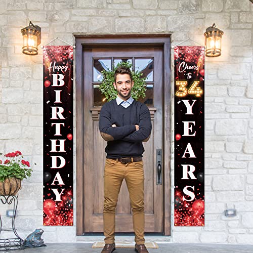 Happy 34th Birthday Porch Sign Door Banner Decor Red and Black – Glitter Cheers to 34 Years Old Birthday Party Theme Decorations for Men Women Supplies