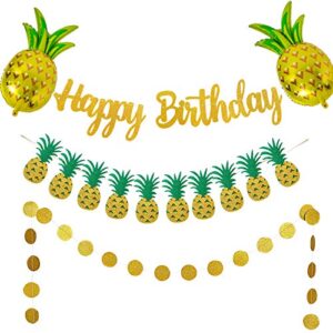 gold glittery birthday banner with pineapple garland and gold circle dots garland for hawaiian luau tropical summer theme party garland favor party decortaion supplies