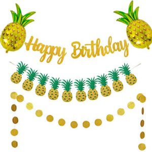 Gold Glittery Birthday Banner with Pineapple garland and Gold Circle Dots Garland for Hawaiian Luau Tropical Summer Theme Party Garland Favor Party Decortaion Supplies