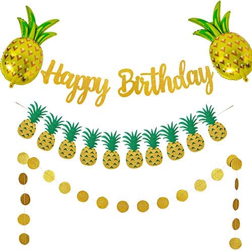 Gold Glittery Birthday Banner with Pineapple garland and Gold Circle Dots Garland for Hawaiian Luau Tropical Summer Theme Party Garland Favor Party Decortaion Supplies