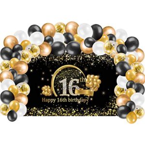 kauayurk 16th birthday banner backdrop decorations & balloon garland arch kit for boy girl, gold extra large cheers to 16 years birthday party supplies, sixteen birthday poster photo booth