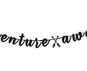 Adventure Awaits Banner - The Adventure Begins, Graduation / Retirement Birthday Baby Shower Travel Theme Party Decoration Supplies Black Glitter.