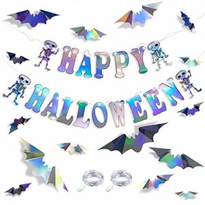 happy halloween banner sign iridescent skull hanging bunting with 3d bat wall decal sticker in holographic black silver with led string light for halloween all hallows eve birthday party decorations