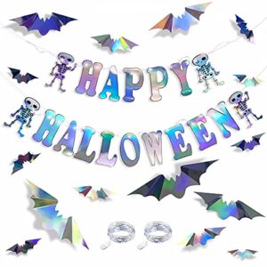 Happy Halloween Banner Sign Iridescent Skull Hanging Bunting with 3D Bat Wall Decal Sticker in Holographic Black Silver with LED String Light for Halloween All Hallows Eve Birthday Party Decorations