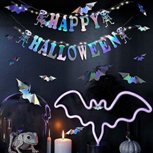 Happy Halloween Banner Sign Iridescent Skull Hanging Bunting with 3D Bat Wall Decal Sticker in Holographic Black Silver with LED String Light for Halloween All Hallows Eve Birthday Party Decorations