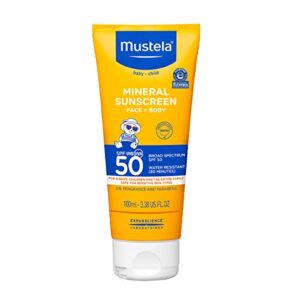 mustela baby mineral sunscreen lotion spf 50 broad spectrum – face & body sun lotion for sensitive skin – non-nano, water resistant & fragrance free – 3.38 fl. oz