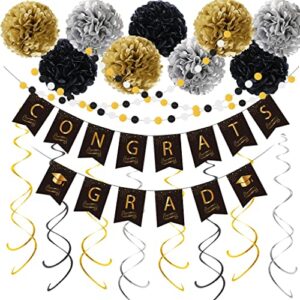 2022 graduation decorations, graduation decor black and gold, graduation banner, hanging swirls, paper pom poms flowers, photo backdrop, graduation party supplies 2022