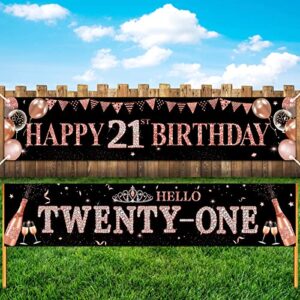 2Pcs 21st Birthday Banner Decorations for Her - Rose Gold Happy 21st Birthday Yard Banner Party Supplies, Hello Twenty-One Bday Sign Decor for Indoor Outdoor