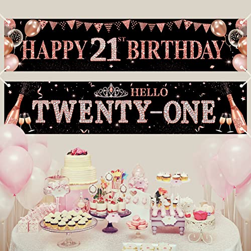 2Pcs 21st Birthday Banner Decorations for Her - Rose Gold Happy 21st Birthday Yard Banner Party Supplies, Hello Twenty-One Bday Sign Decor for Indoor Outdoor