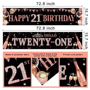 2Pcs 21st Birthday Banner Decorations for Her - Rose Gold Happy 21st Birthday Yard Banner Party Supplies, Hello Twenty-One Bday Sign Decor for Indoor Outdoor