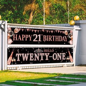 2Pcs 21st Birthday Banner Decorations for Her - Rose Gold Happy 21st Birthday Yard Banner Party Supplies, Hello Twenty-One Bday Sign Decor for Indoor Outdoor