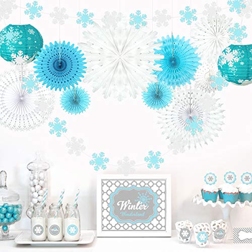 Winter Wonderland Snowflake Frozen Party Decorations Kit with Snowflakes Garland Bunting Banner Hanging Tissue Paper Fan Lantern for Birthday Holiday Wedding Décor Christmas Decorations Clearance