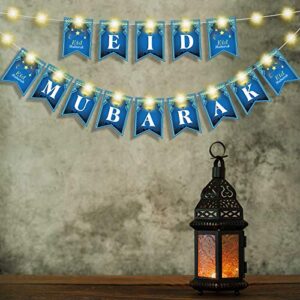 Eid Mubarak Paper Banner Eid Mubarak Bunting Banner with Led Fairy String Light 3 Flicker Modes, Eid Celebration Hanging Garland Decoration for Muslim Ramadan Party Supplies, No DIY Required (Blue)