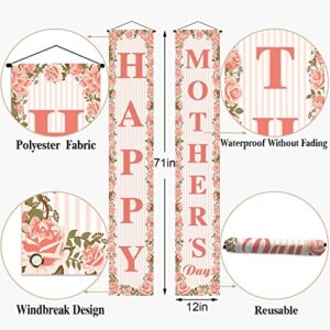 Happy Mother's Day Porch Banner I Love Mom Pink Rose Floral Holiday Party Front Door Sign Wall Hanging Banner Decoration