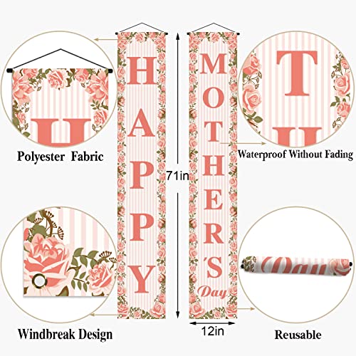 Happy Mother's Day Porch Banner I Love Mom Pink Rose Floral Holiday Party Front Door Sign Wall Hanging Banner Decoration