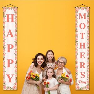 Happy Mother's Day Porch Banner I Love Mom Pink Rose Floral Holiday Party Front Door Sign Wall Hanging Banner Decoration