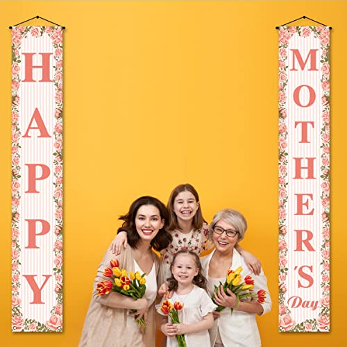 Happy Mother's Day Porch Banner I Love Mom Pink Rose Floral Holiday Party Front Door Sign Wall Hanging Banner Decoration