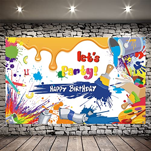 Meltelot Art Paint Party Theme Birthday Backdrop Let's Paint Dress for a Mess Splatter Art Party Colorful Graffiti Wall Brush Photography Background Banner for Cake Table Supplies 6x4ft