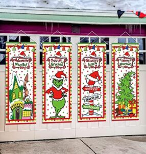 grinch christmas decorations 4pcs welcome to whoville vinyl poster door covers backdrop merry grinchmas wall art hanging banner for new year indoor outside garage door