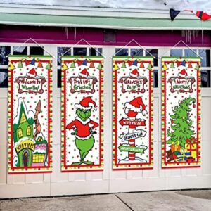 Grinch Christmas Decorations 4PCS Welcome To Whoville Vinyl Poster Door Covers Backdrop Merry Grinchmas Wall Art Hanging Banner for New Year Indoor Outside Garage Door