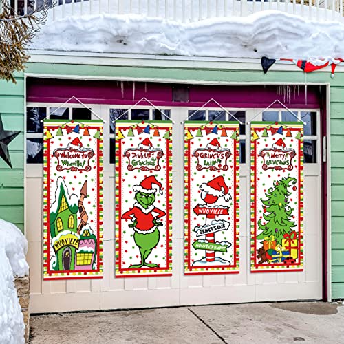 Grinch Christmas Decorations 4PCS Welcome To Whoville Vinyl Poster Door Covers Backdrop Merry Grinchmas Wall Art Hanging Banner for New Year Indoor Outside Garage Door