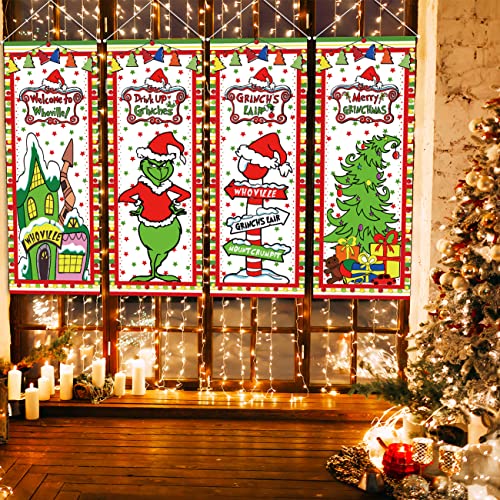 Grinch Christmas Decorations 4PCS Welcome To Whoville Vinyl Poster Door Covers Backdrop Merry Grinchmas Wall Art Hanging Banner for New Year Indoor Outside Garage Door