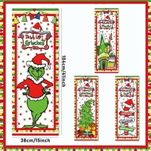 Grinch Christmas Decorations 4PCS Welcome To Whoville Vinyl Poster Door Covers Backdrop Merry Grinchmas Wall Art Hanging Banner for New Year Indoor Outside Garage Door