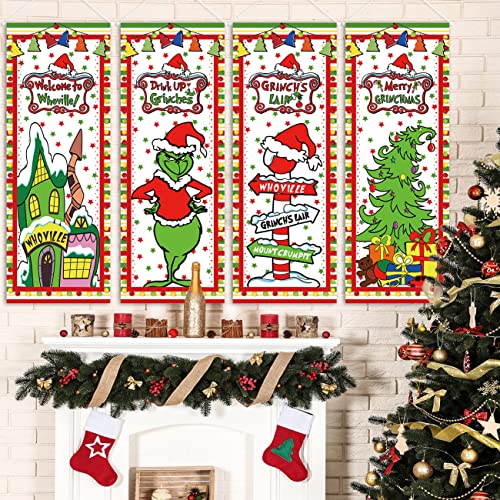 Grinch Christmas Decorations 4PCS Welcome To Whoville Vinyl Poster Door Covers Backdrop Merry Grinchmas Wall Art Hanging Banner for New Year Indoor Outside Garage Door