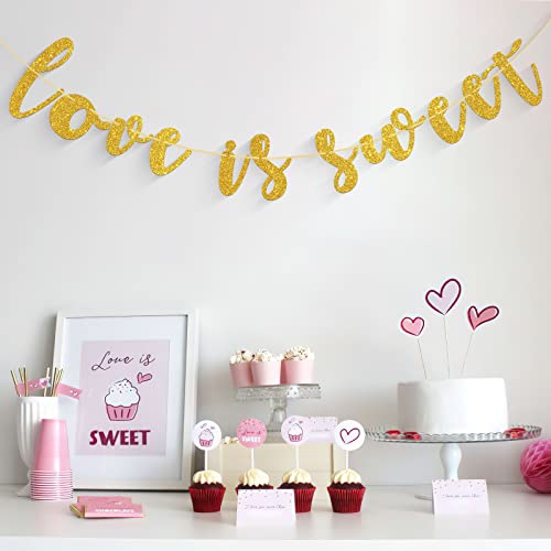 Dalaber Love is Sweet Banner, Gold Glitter Paper Sign for Wedding / Engagement / Anniversary / Bridal Shower Party Supplies, Photo Prop Decorations