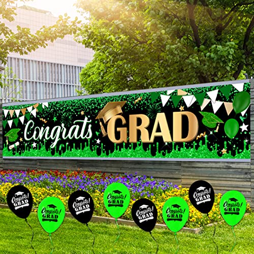 Large Congrats Grad Banner Green Class of 2023 Graduation Banner With 8 Pcs Balloons Decorations Yard Sign For College Graduation Party Supplies