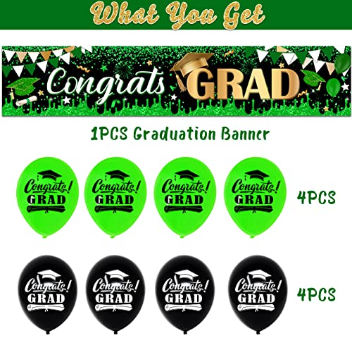 Large Congrats Grad Banner Green Class of 2023 Graduation Banner With 8 Pcs Balloons Decorations Yard Sign For College Graduation Party Supplies