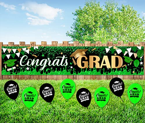 Large Congrats Grad Banner Green Class of 2023 Graduation Banner With 8 Pcs Balloons Decorations Yard Sign For College Graduation Party Supplies